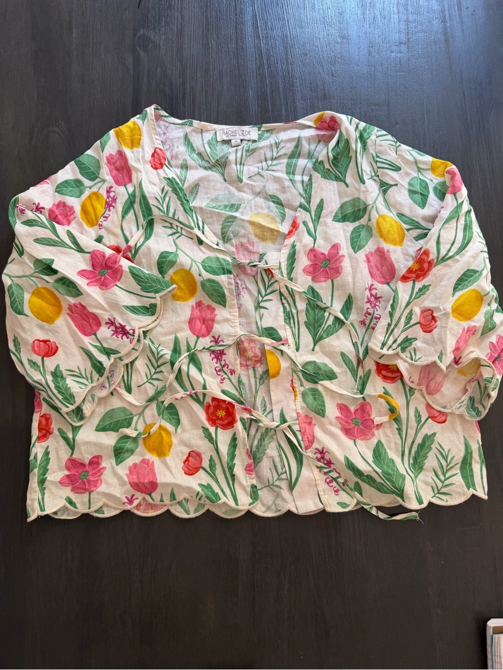 Rachel Zoe Floral Lemon Print Tie Front Scalloped Crop Top Size Small